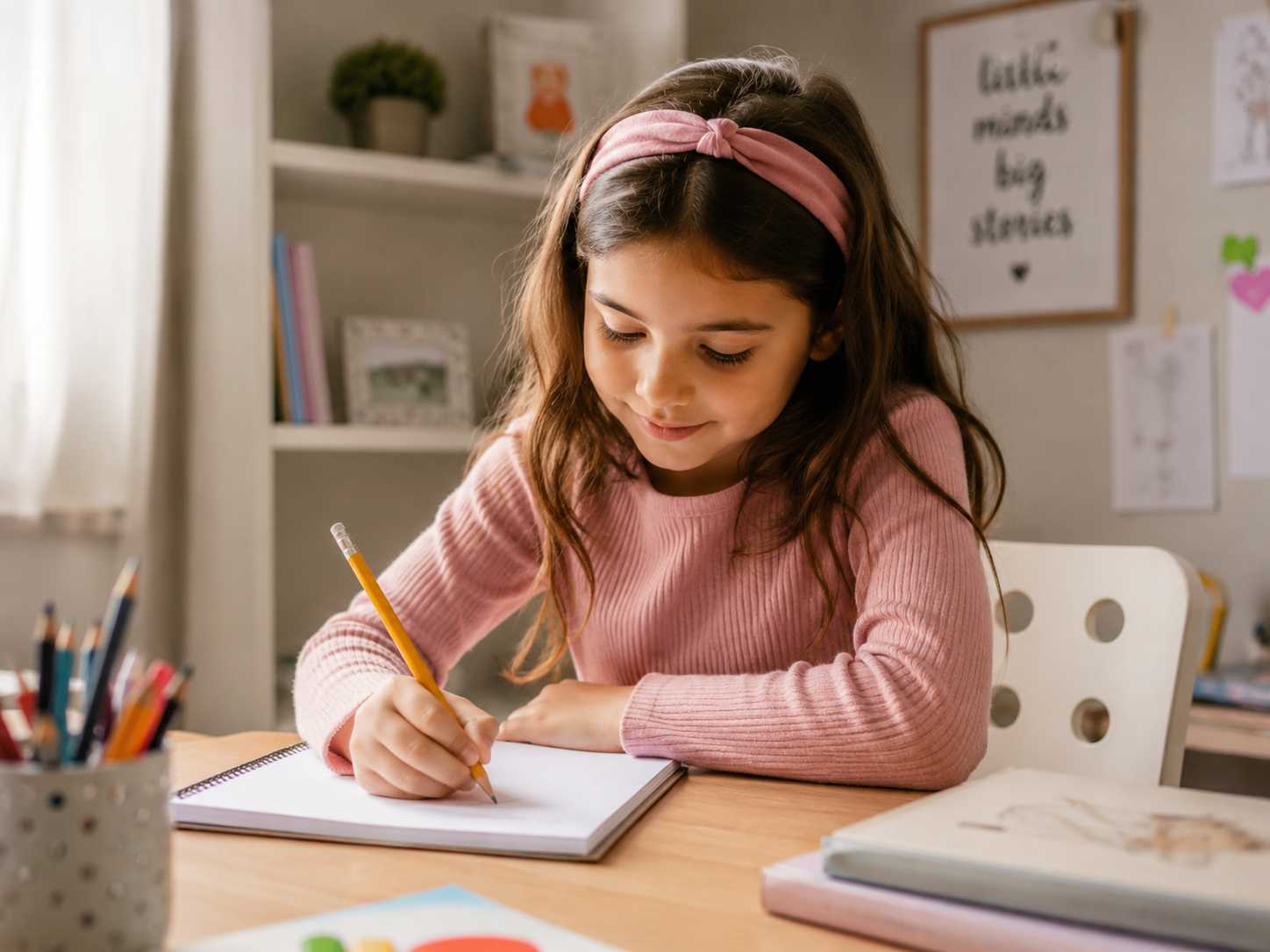 Little girl sitting at desk writing in notebook