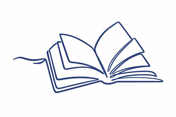 Line drawing of an open book on a white background