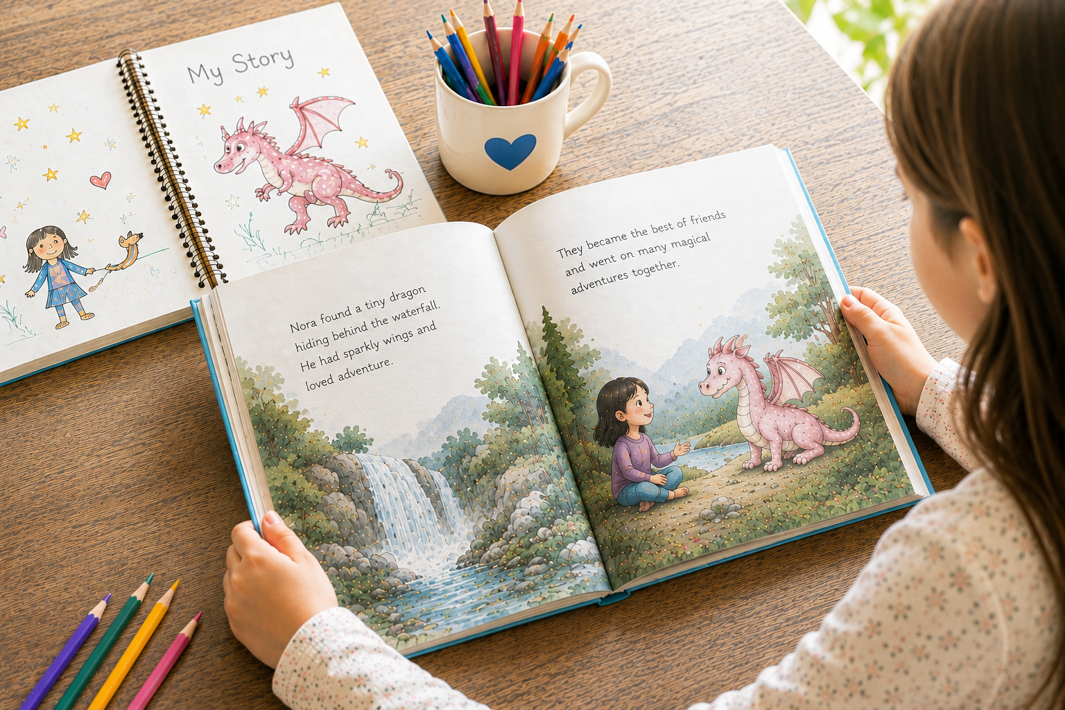 Child reading and admiring book that she wrote herself