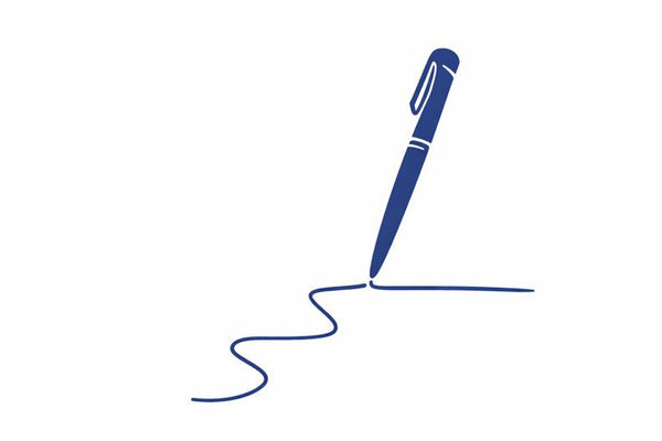 Blue pen drawing a curved line on a white background